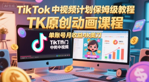 TikTok中视频计划保姆级教程，TK原创动画课程，单账号月收益4k美刀-创业吧