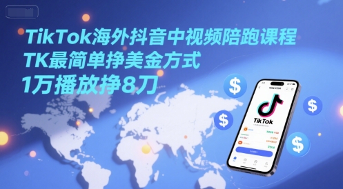 TikTok海外抖音中视频陪跑课程，TK最简单挣美金方式，1万播放挣8刀-创业吧