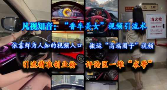 凡视知音：“香车美女”视频引流术，依靠鲜为人知的视频入口，搬运“高端圈子”视频，引流精准创业粉，评论区一堆“求带”-创业吧