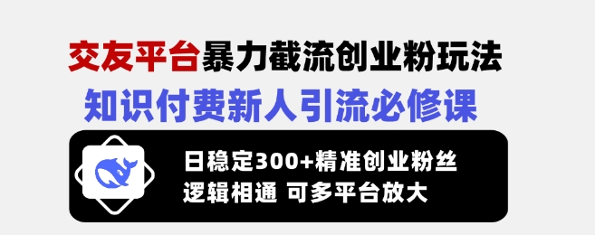 交友平台暴力截流创业粉玩法，知识付费新人引流必修课，日稳定300+精准创业粉丝，逻辑相通可多平台放大-创业吧