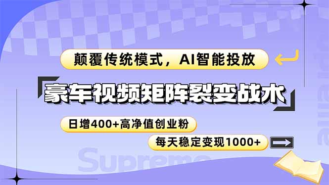 豪车视频矩阵裂变战术，颠覆传统模式，AI智能投放，日增400+高净值创业…-创业吧