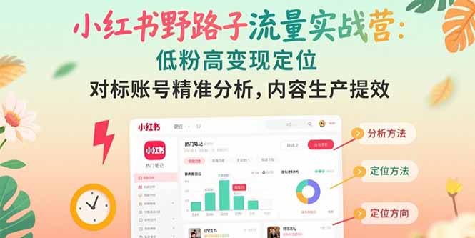 小红书野路子流量实战营：低粉高变现定位 对标账号精准分析 内容生产提效-创业吧
