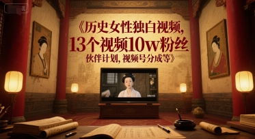 历史女性独白视频，13个视频10w粉丝，伙伴计划，视频号分成等-创业吧