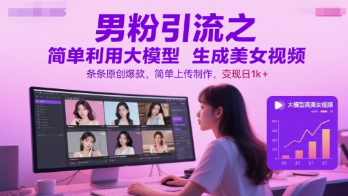 男粉引流之简单利用大模型生成美女视频，条条原创爆款，简单上传制作，变现日1k+-创业吧