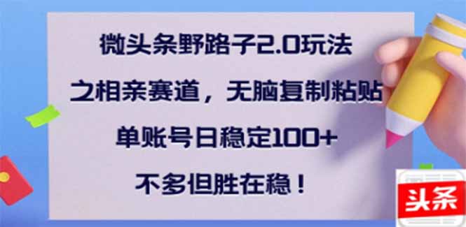 微头条野路子2.0玩法之相亲赛道，无脑搬砖复制粘贴，单账号日稳定300+…-创业吧