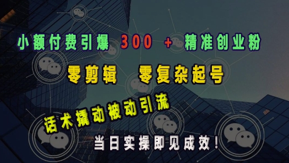 小额付费引爆 300 + 精准创业粉，零剪辑、零复杂起号，话术撬动被动引流，当日实操即见成效-创业吧