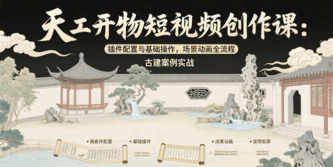 天工开物短视频创作课：插件配置与基础操作，场景动画全流程 古建案例实战-创业吧