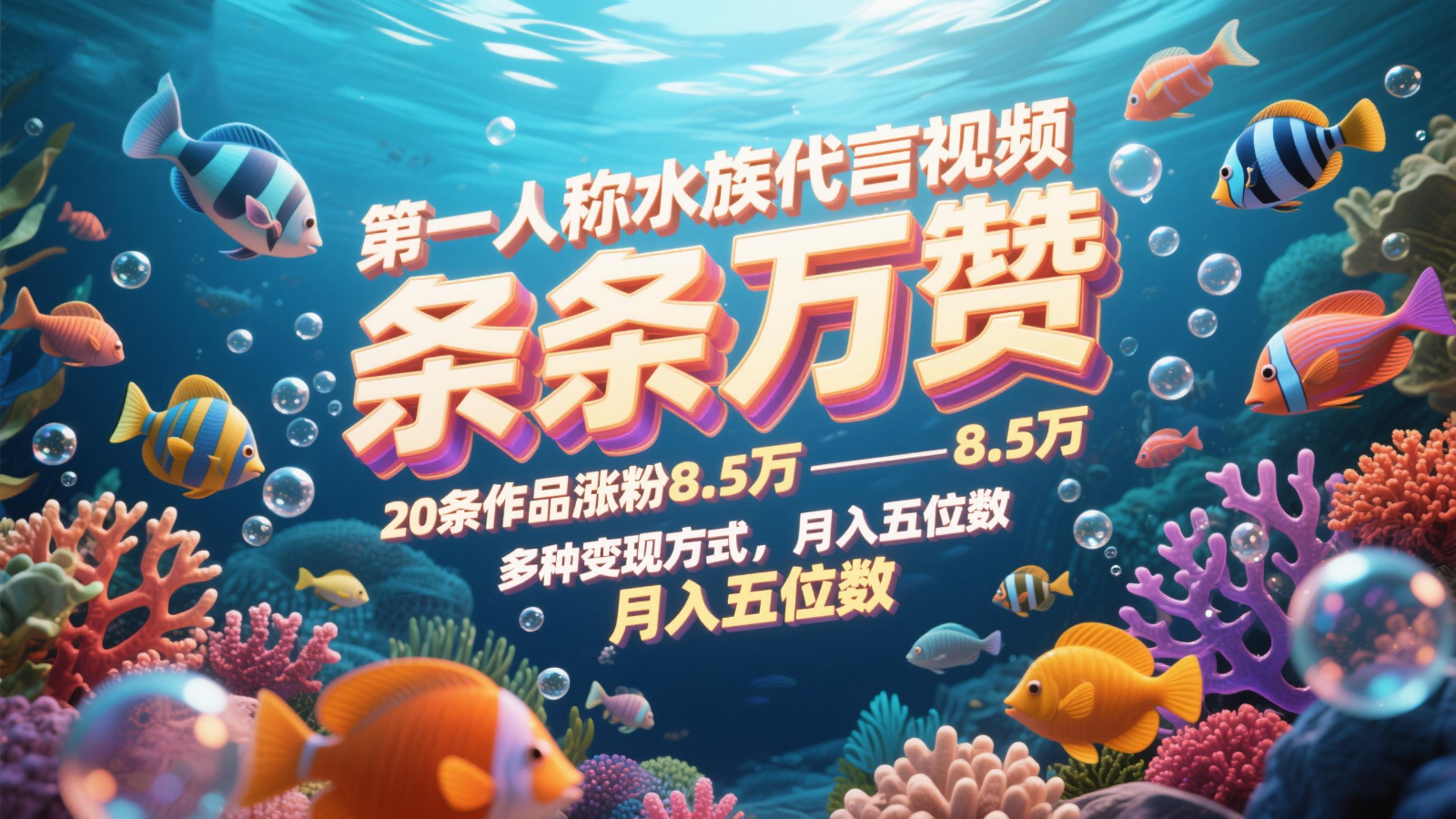 第一人称水族代言视频，条条万赞，20条作品涨粉8.5万，多种变现方式月，入五位数-创业吧