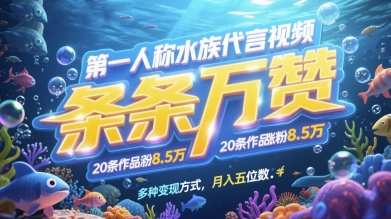 第一人称水族代言视频，条条万赞，20条作品涨粉7.8W，多种变现方式月入五位数-创业吧